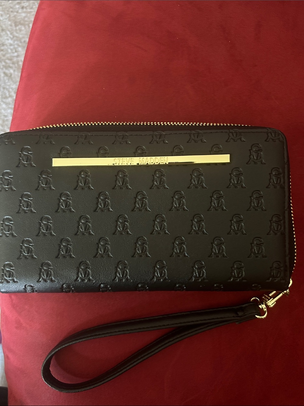 Steve Madden Black Embossed Zip-Around Wallet with Gold Bar